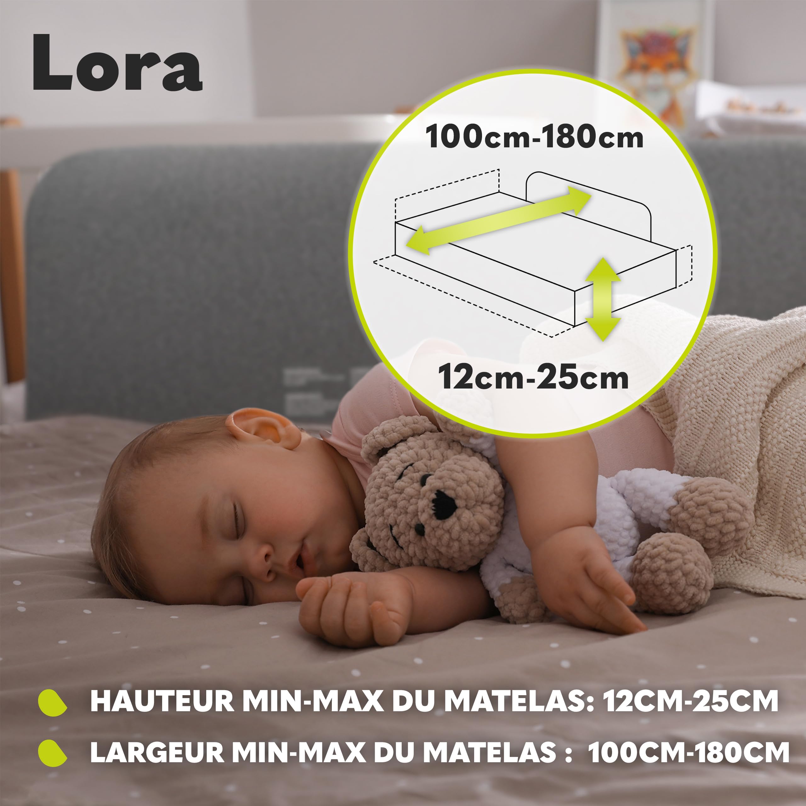 Lionelo Lora Barrière de lit Portable Pliable Enfants, Inclinaison réglable 180°, lit 45-105 cm, StandSafe, Protection Chutes Gris
