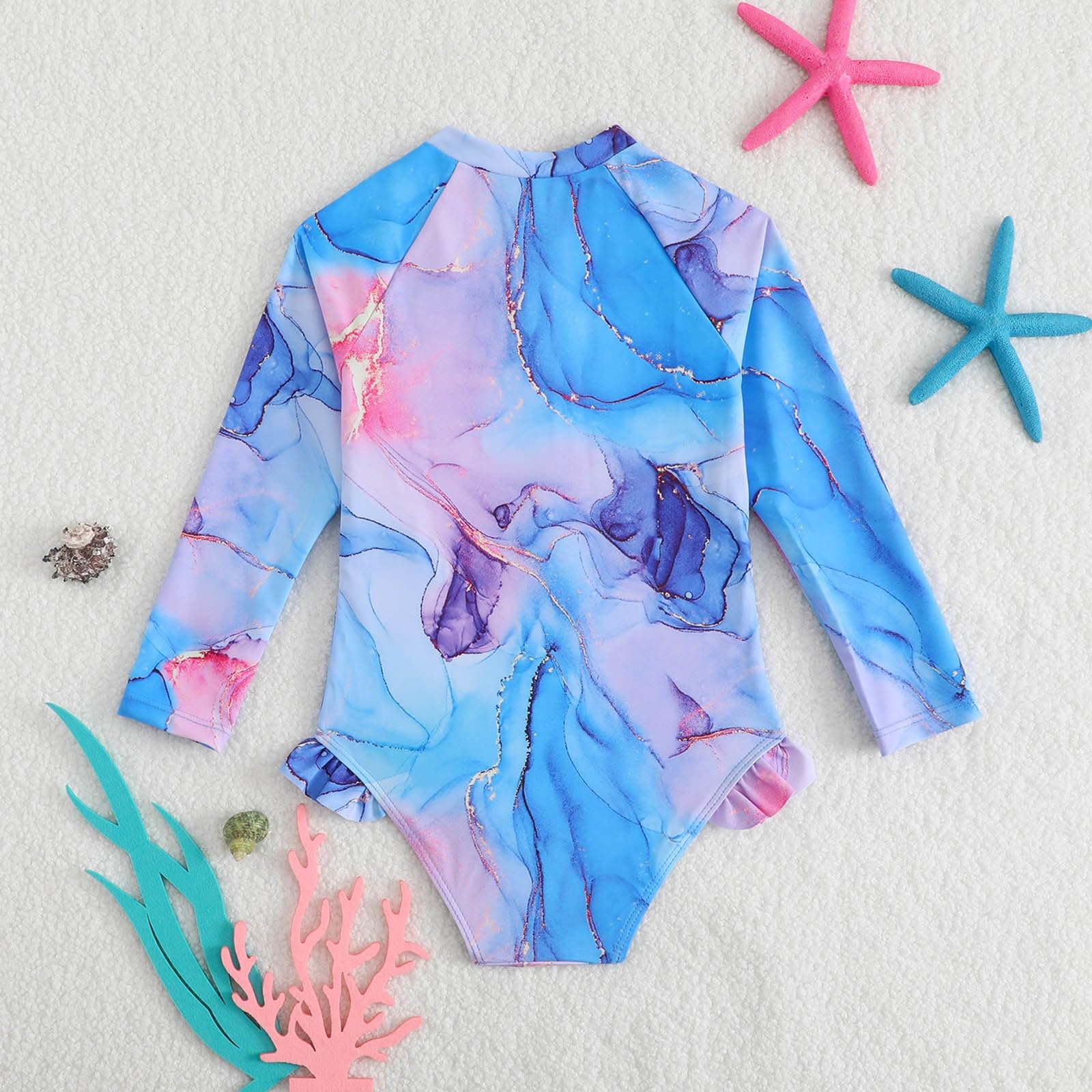 Generisch Triángulo Bikini Niñas Bañador con mangas largas, cremallera delantera, batikAquarellmuster,SommerStrandRashguard