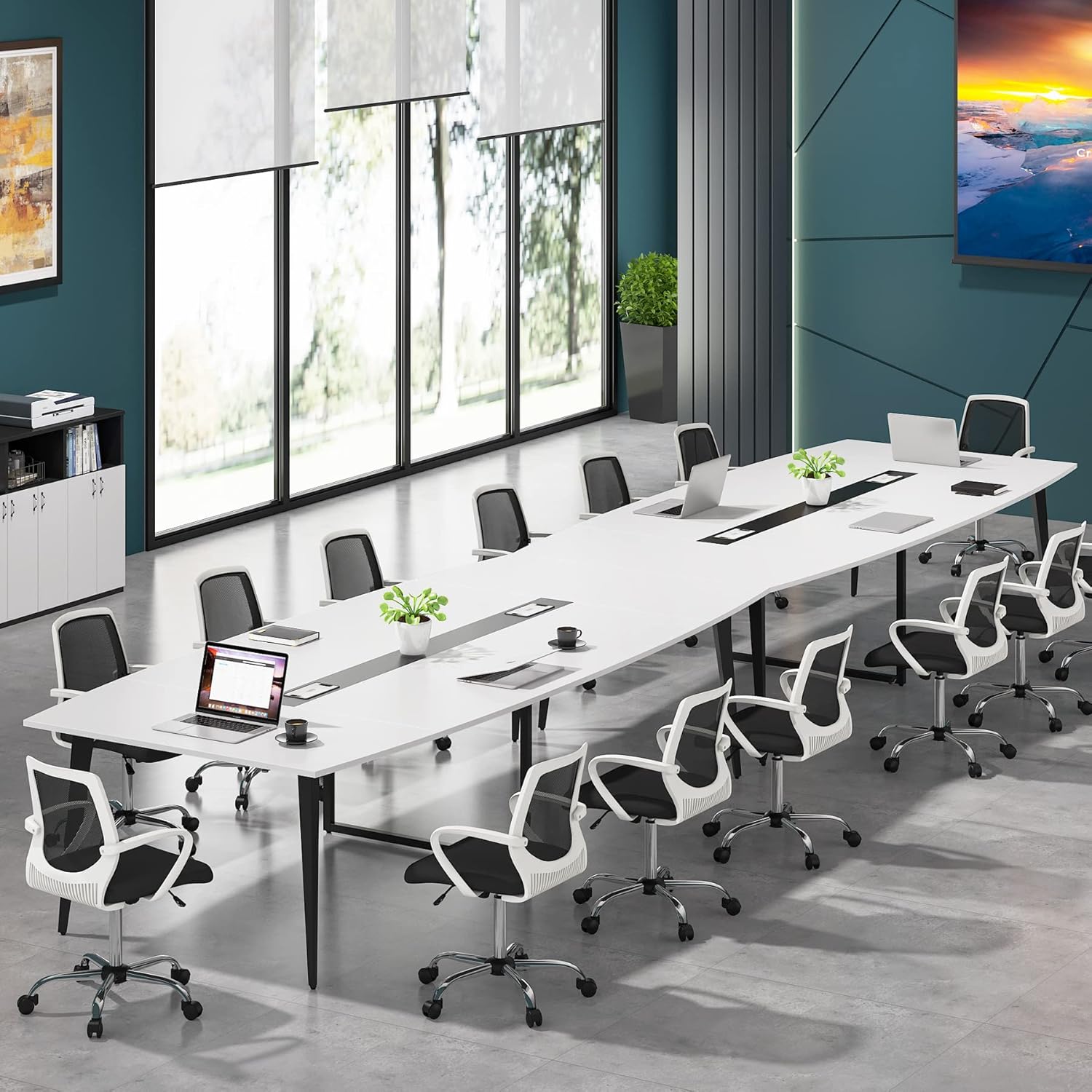 Tribesigns 8FT Conference Table, 94.48L x 47.24W x 29.52H Inches Large Boat Shaped Meeting Seminar Table with Cable Grommets, Modern Conference Room Table for Office : Office Products