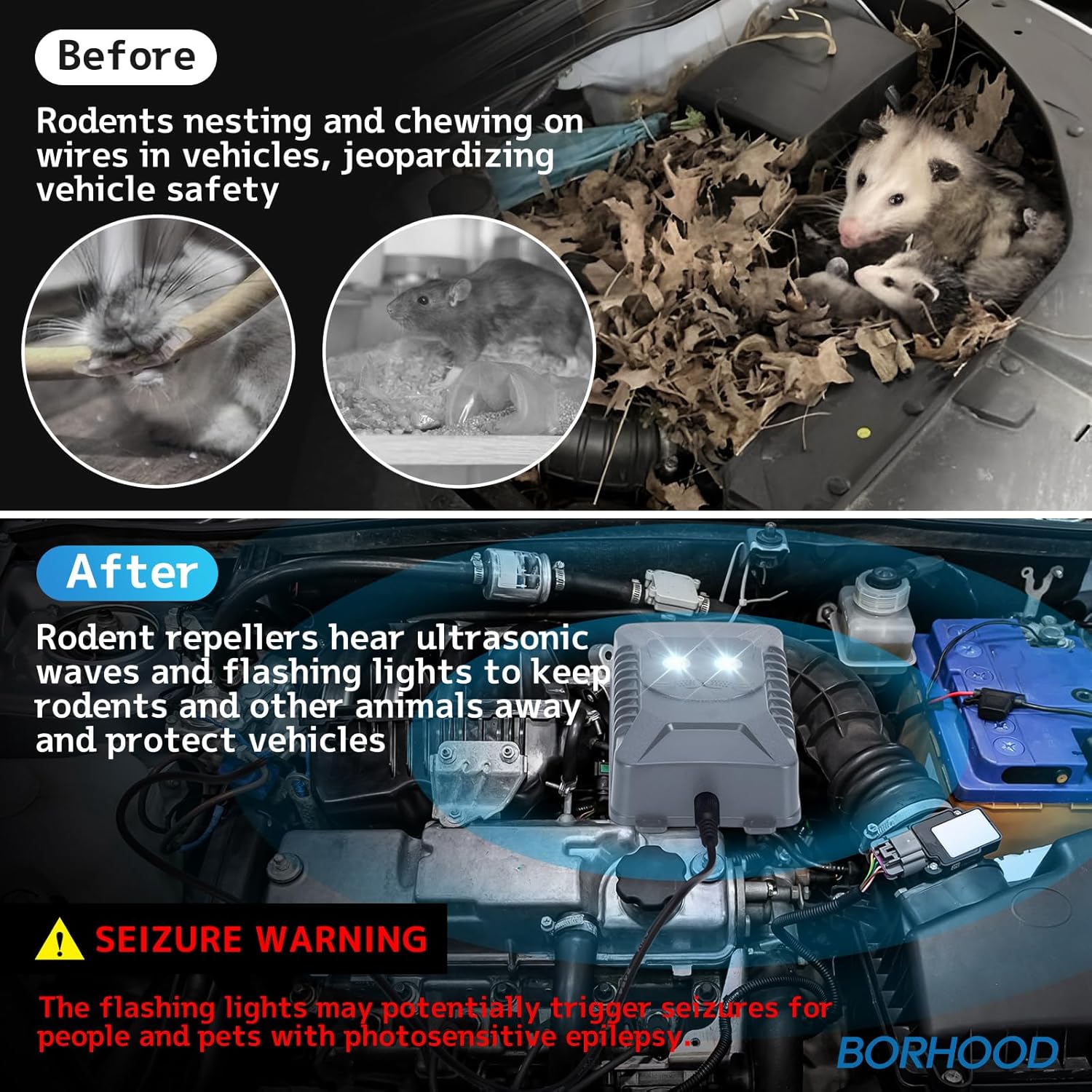 BORHOOD Ultrasonic Rodent Repellent, 1 Pack Plug-in Mouse Rat Pest Bat Squirrels Repellent for Car with Battery Powered Under Hood, Keep Mice Out of Cars Engines, Indoor, Garage, Storage Room-Gray