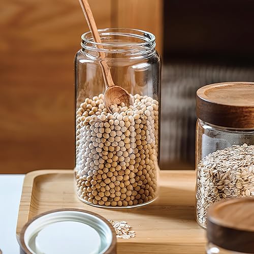 Miniatura 5 de Paquete de 3 recipientes de almacenamiento de vidrio transparente de 28 fl oz28.7 fl oz con tapa hermética de madera atornillada, juego de tarros de