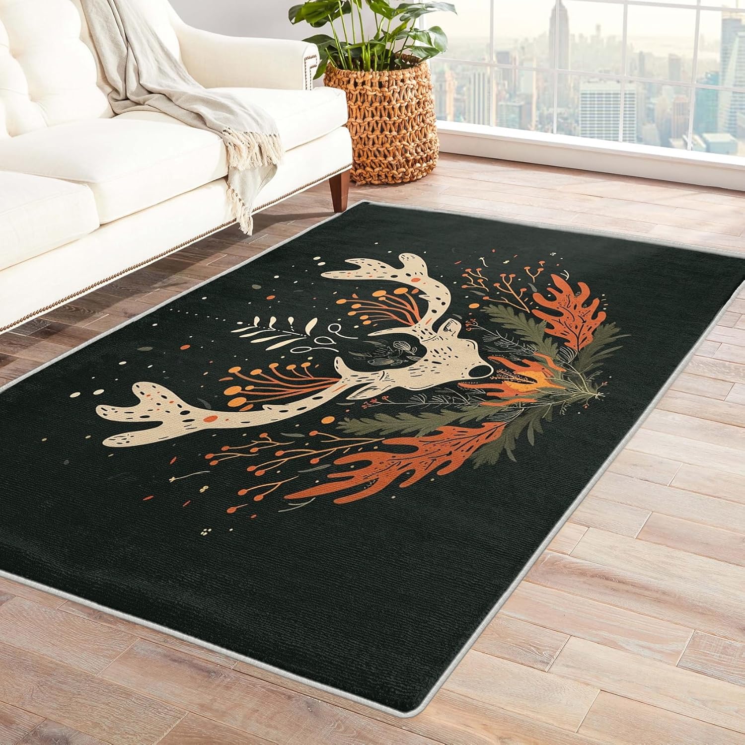 Generic Deer Rugs for Living Room - 2x3 Rug - Deer Rug - Deer Head Flora Leaf Area Rug - Flower Leaves Rugs - Black Carpet
