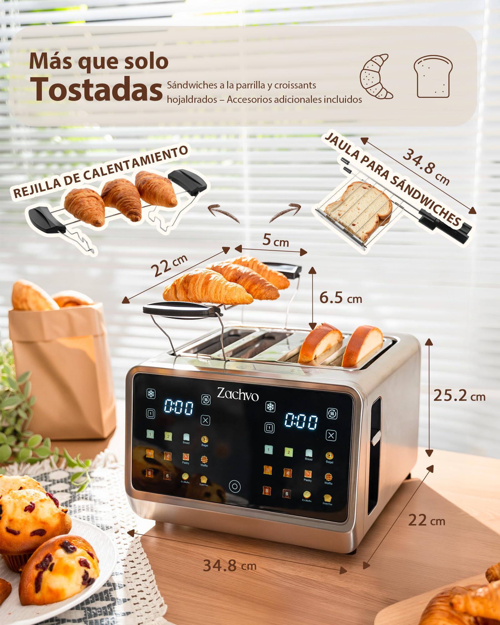 Tostadora de 4 rebanadas con pantalla táctil y cuenta regresiva – tostador largo de acero inoxidable con 2 zonas de temperatura independientes, ranuras extra anchas de 3,7 cm, 6 programas