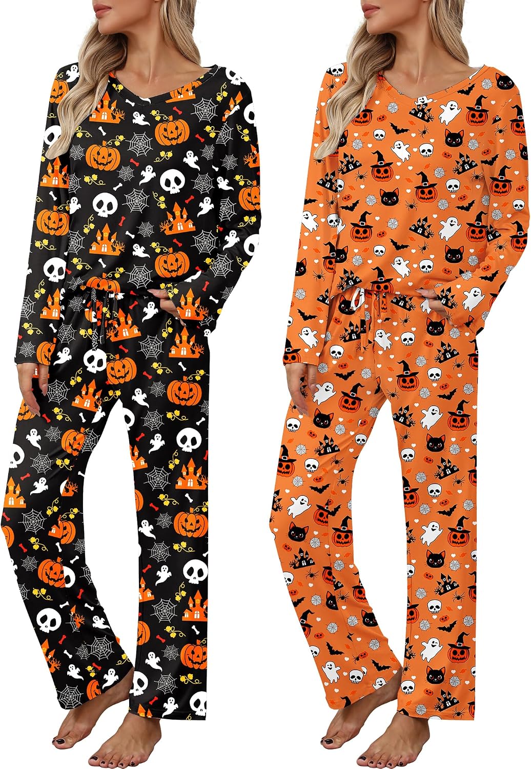2 Pack: Women's Long Sleeve Pajama Sets - V Neck Top and Pants Lounge sets
