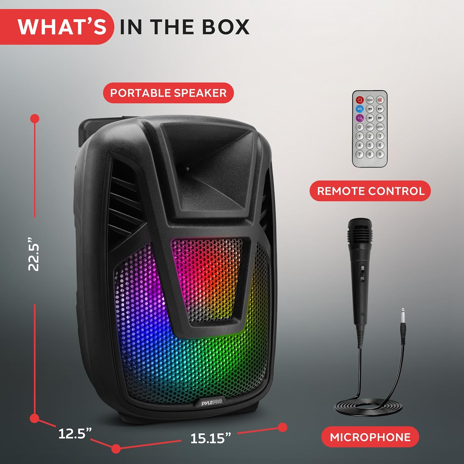 Pyle Portable Speaker - 15” 80 Watts Max Power Output Loudspeaker PA System w/ LED Light, Handles, Wheels, & Remote Control, Built-in Digital Amp and Rechargeable Battery