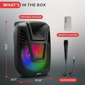 Pyle Portable Speaker - 15 80 Watts Max Power Output Loudspeaker PA System w/ LED Light, Handles, Wheels, Remote Control, Built-in Digital Amp and Rechargeable Battery