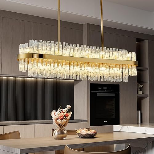 Siljoy 47'' Modern Crystal Chandeliers Gold Rectangular K9 Crystal Raindrop Chandelier Contemporary Oval Ceiling Pendant Light Fixture for Living Dining Room Kitchen Island G9 x 28