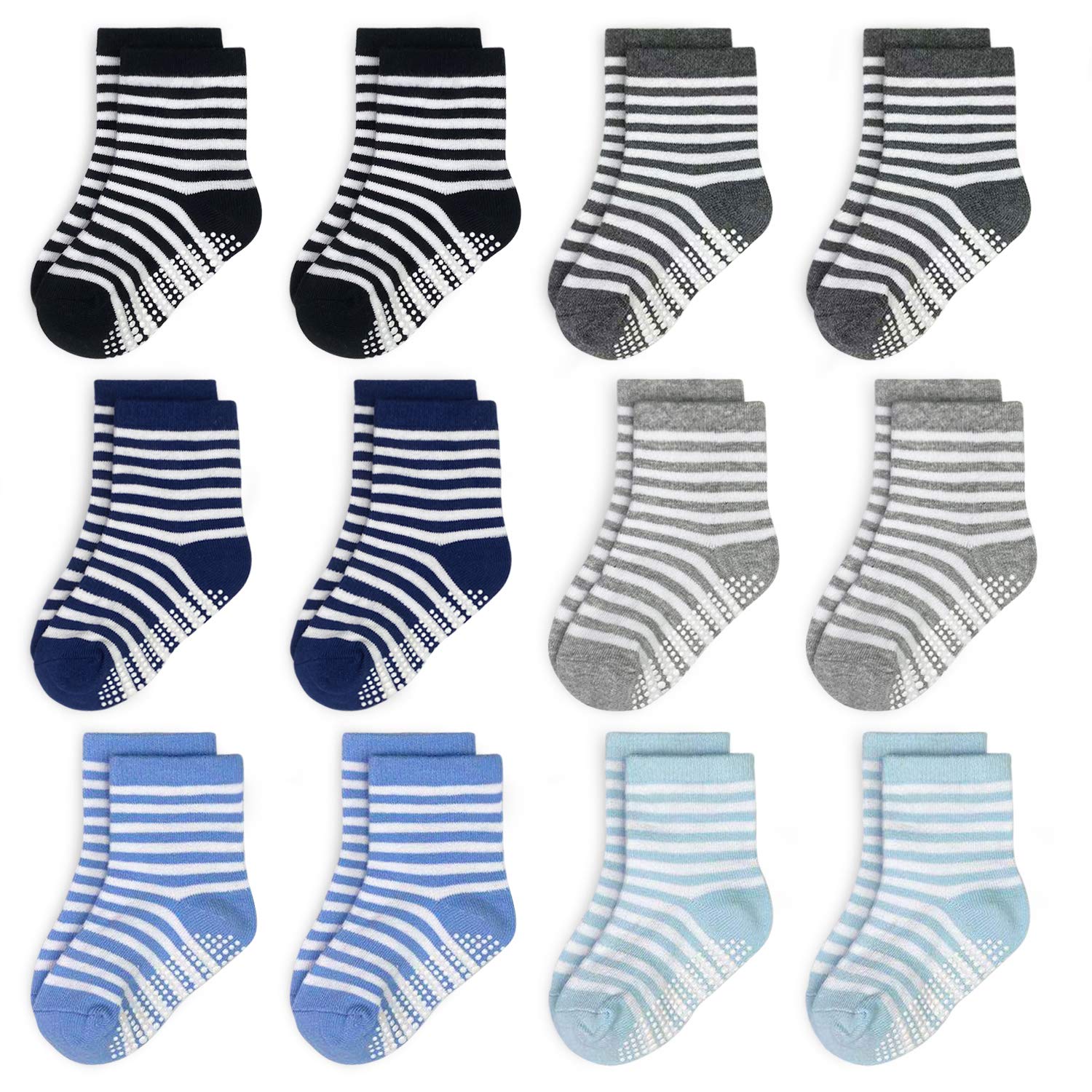 Non Slip Kids Toddler Socks with Grip 12 Pairs Anti Skid Boys Girls Socks for Children Baby Crew Socks for 1-7 Year Old Child