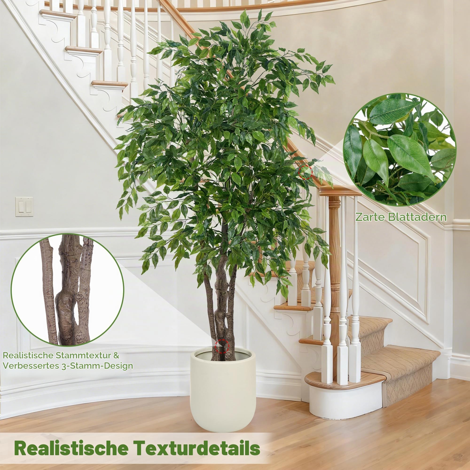 Kunstpflanze Ficus, 1,7m Groß Ficusbaum mit Weißem Topf Fake Zimmerpflanzen Künstliche Pflanzen mit Stamm aus Naturholz, Kunstbaum Deko Plastikpflanzen für Wohnzimmer, Büro | Künstlicher Baum, Heimdekoration, realistisch, für Wohnzimmer, Büro oder Ecke