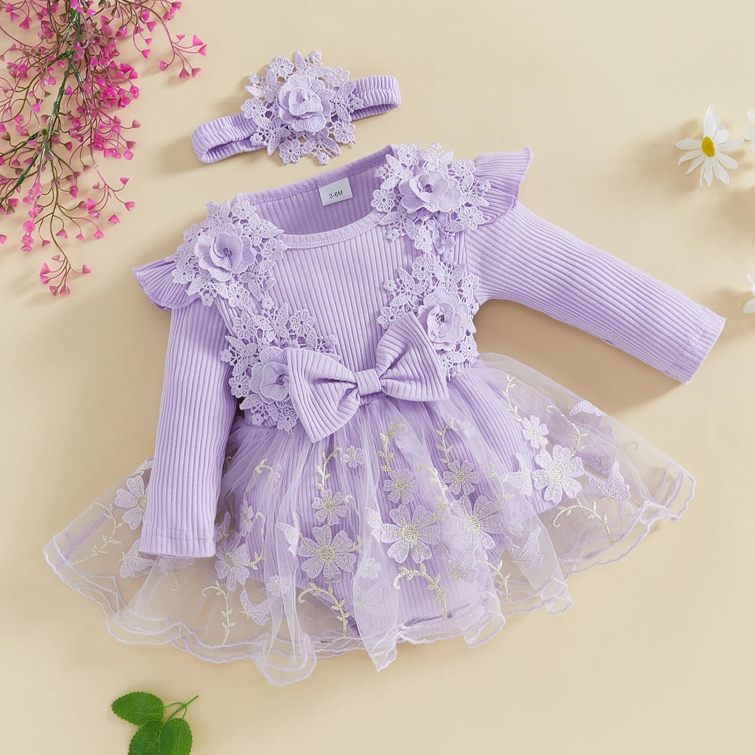 Baby Girl Romper Dress Baby Dress Romper Lace Flowers Infant Fall Winter Festival Clothes with Headband - Image 4