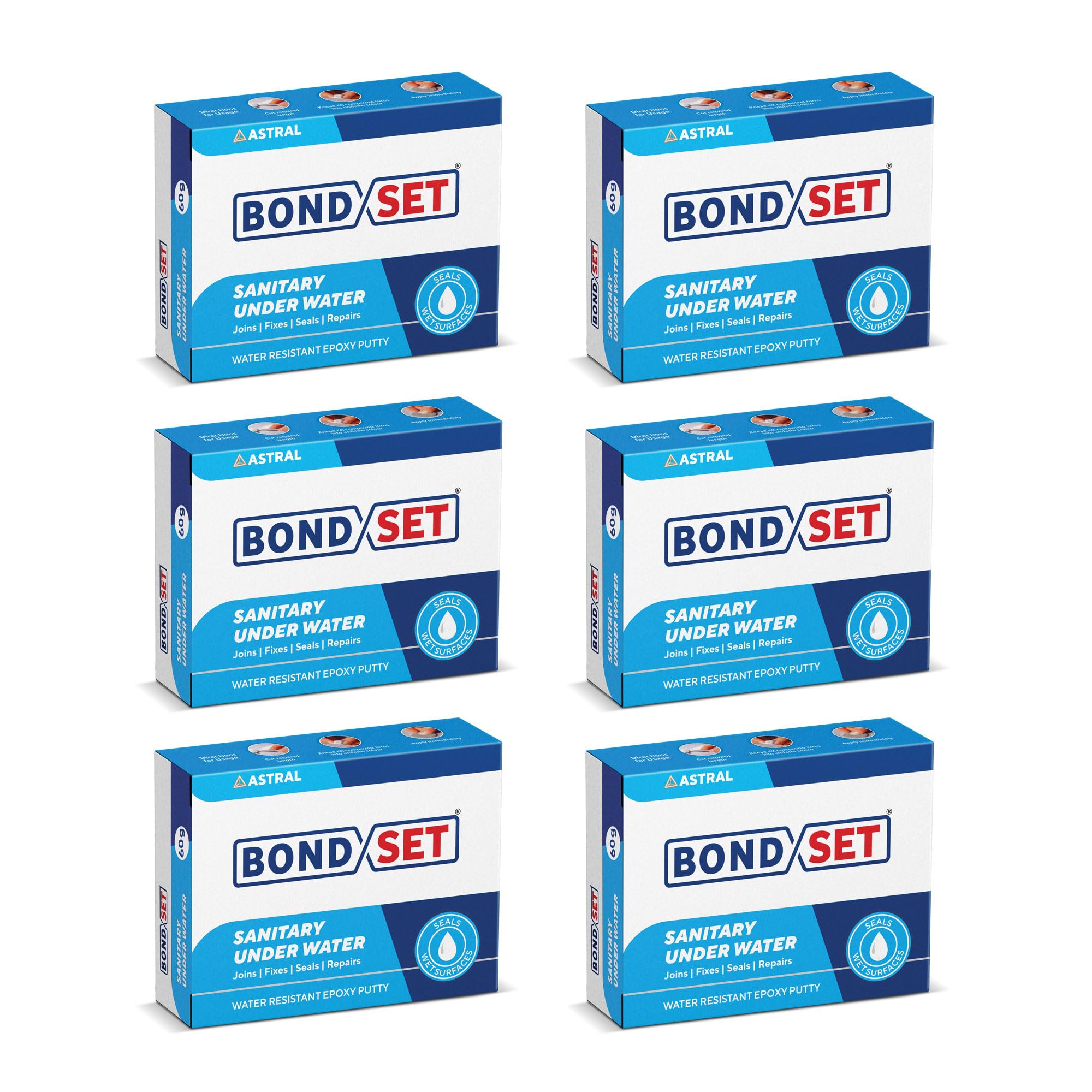 Bondset Sanitary Under Water, 60g x 6 Pack| Fast-Setting Waterproof Epoxy Putty for Wet, Damp & Underwater Repairs | 5–10 Minute Setting | Strong Bond for Pipes, Tanks & Surfaces