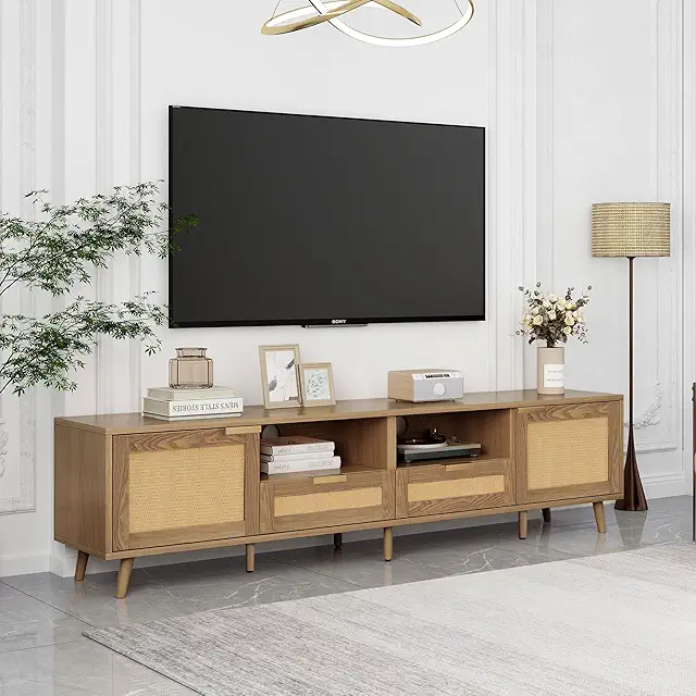 Aunvla TV Console Table - Rattan Design TV Cabinet with Solid Wood Feet, Modern Style