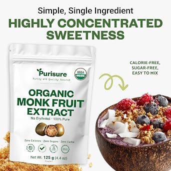 Organic Monk Fruit Extract Powder, 125g (4.4oz), No Fillers Pure USDA Organic Monk Fruit Extract Sweetener with No Aftertaste, Zero Calorie & Zero Carbs, Keto & Paleo Friendly 403 Servings