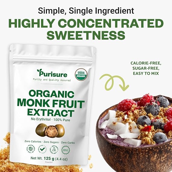 Organic Monk Fruit Extract Powder, 125g (4.4oz), No Fillers Pure USDA Organic Monk Fruit Extract Sweetener with No Aftertaste, Zero Calorie & Zero Carbs, Keto & Paleo Friendly 403 Servings