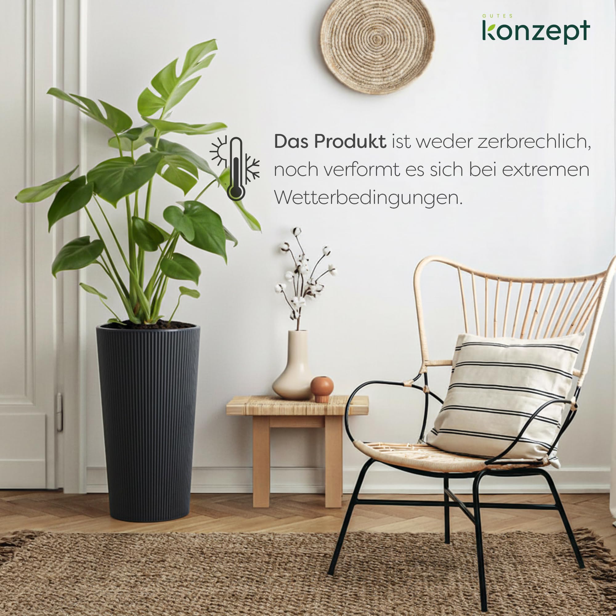 KONZEPT Blumentopf mit Einsatz – Hoch 75cm – für Außenbereich, wetterfest, UV-beständig & mit Rillenstruktur – Anthrazit, Eco-Kunststoff, ideal für Garten, Balkon, Terrasse & Innenräume