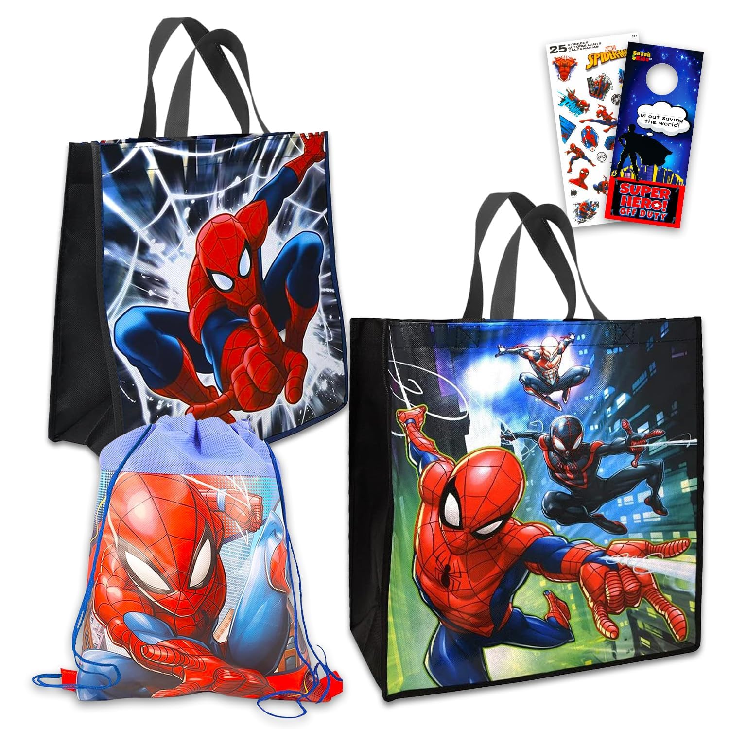 Marvel Spider-man Tote Bag Bundle - Spiderman Tote Bag Set With Kids Spiderman Drawstring Bag And Stickers (Spiderman Reusable Tote Bag)