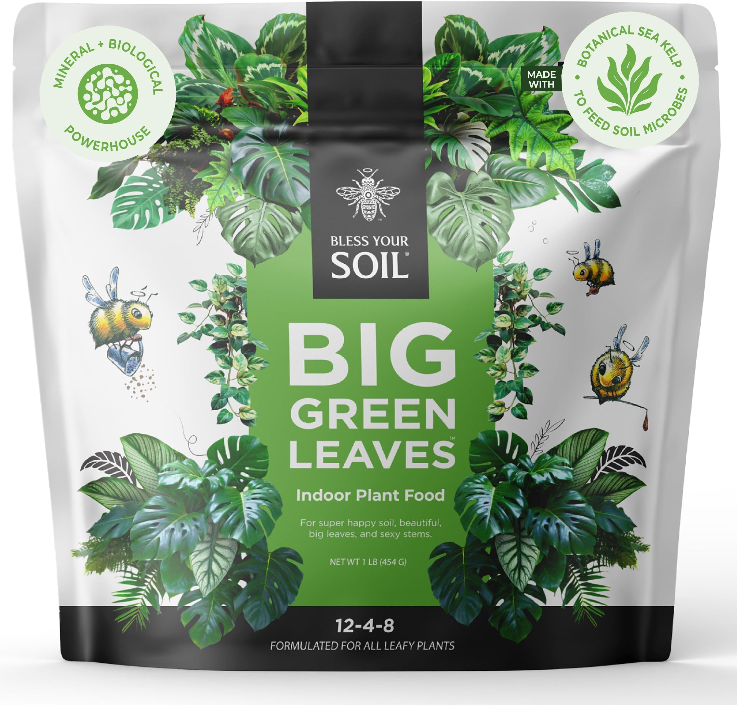 Big Green Leaves Indoor Plant Food – 4X Concentrated Houseplant Fertilizer with Sea Kelp – Makes 90 Gallons – Fast-Acting Mineral Formula, Made in USA (1 lb)