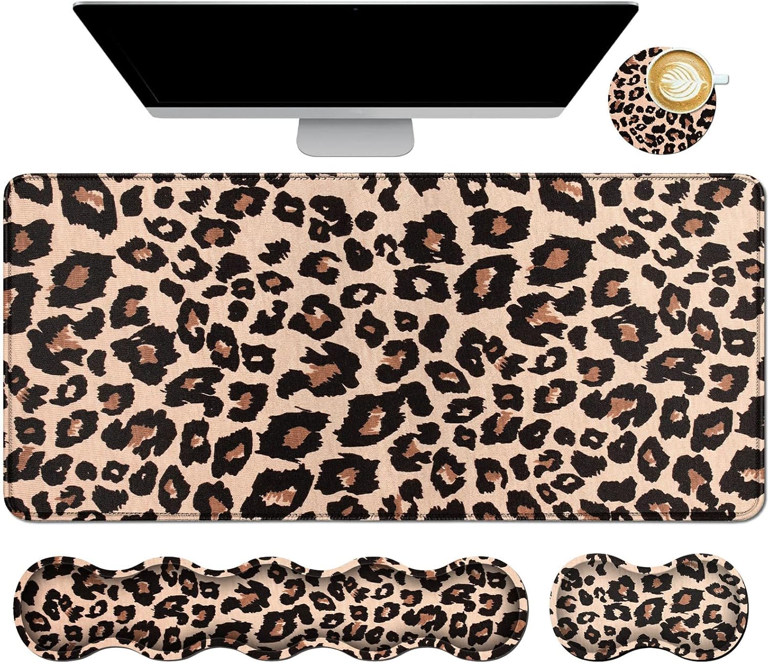 4Pcs Memory Foam Keyboard Mouse Wrist Rest Pad + Gaming Desk Mat 31.5" * 11.8" with Stitched Edges + Mouse Wrist Cushion + Coasters Set, Non-Slip Desk Pad Protector for Laptop Computer, Leopard Print