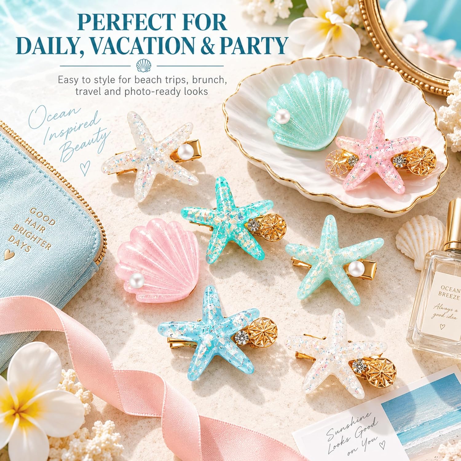 12Pcs Ocean Hair Clip Set Resin Starfish & Shell Pearl Barrettes, Charming