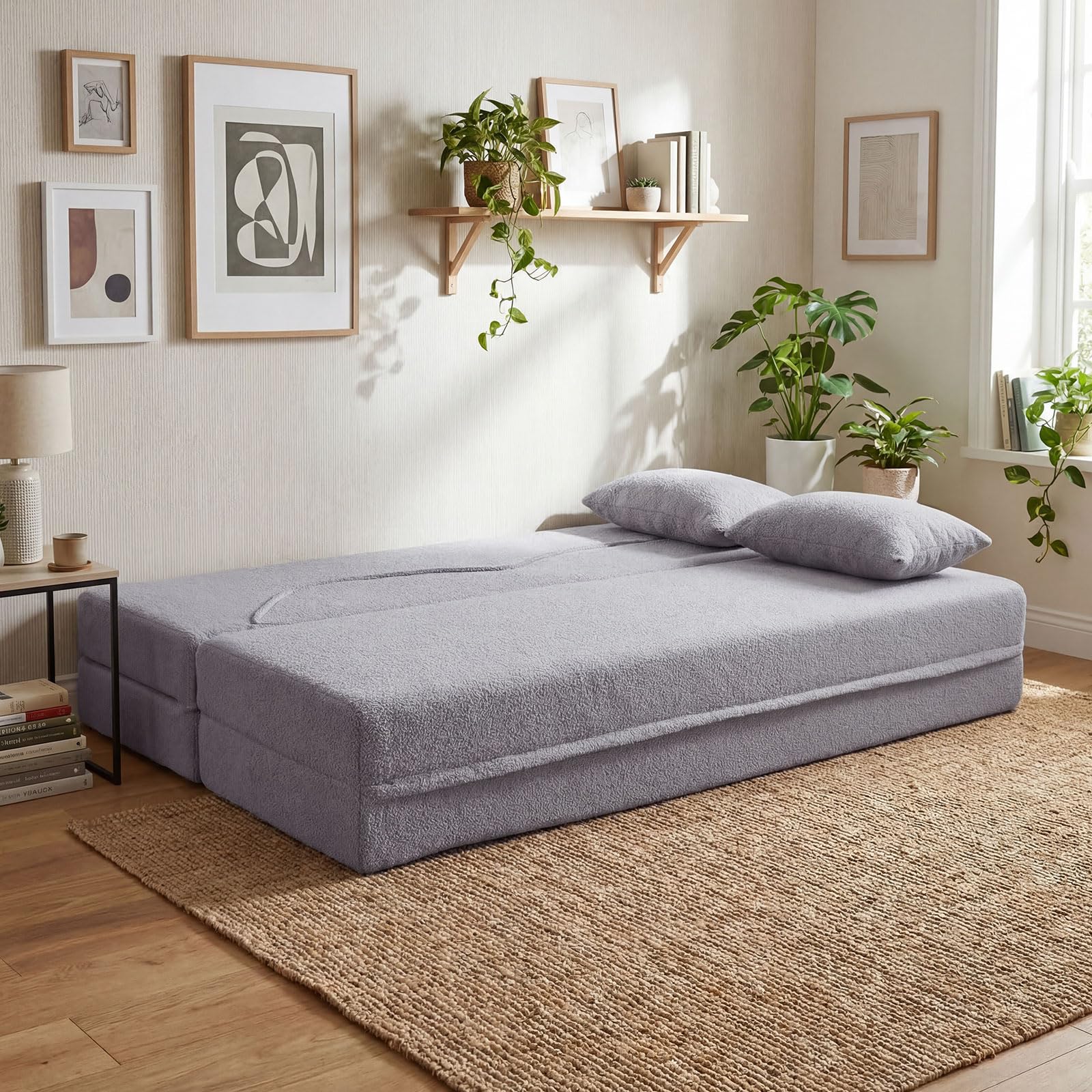 COSTWAY 2 in 1 Divano Letto Pieghevole, Divano a 2 Posti in Pile Teddy con 2 Cuscini Comodi, Nessun Montaggio, Divanetto Convertible Moderno per Soggiorno Camera Ospiti, 192,5x84x62 cm (Grigio)