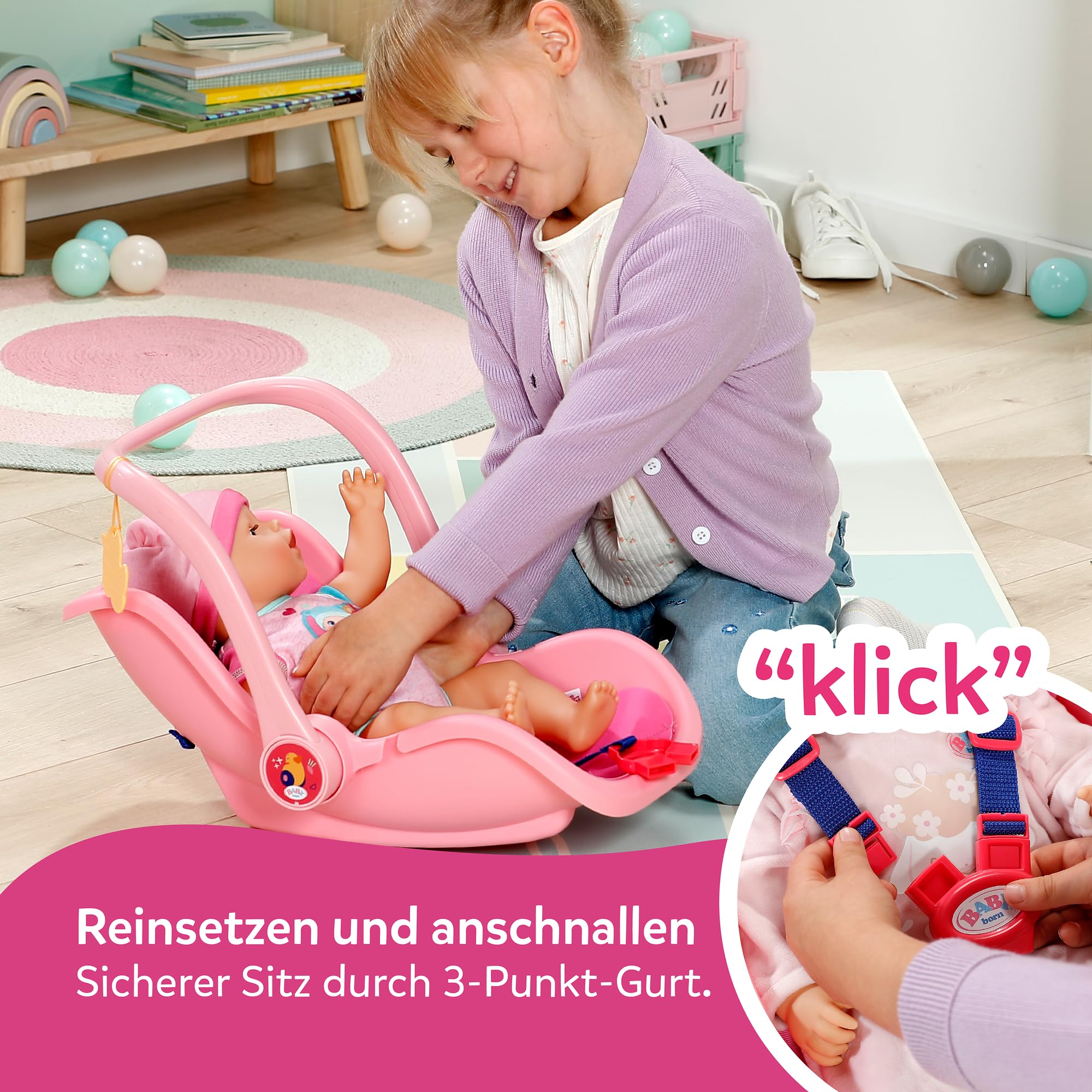 BABY born Babyschale Pink, Puppen-Babyschale mit Tragegriff, Sicherheitsgurt und Anhänger