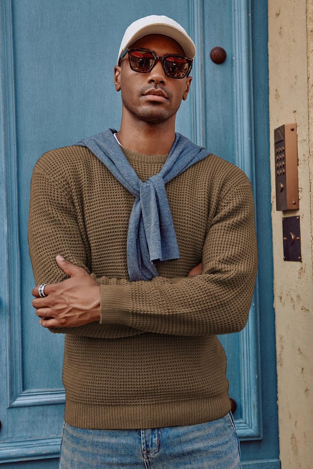 PJ PAUL JONES Mens Pullover Sweater Waffle Textured Long Sleeve Knitted Sweaters - Image 3