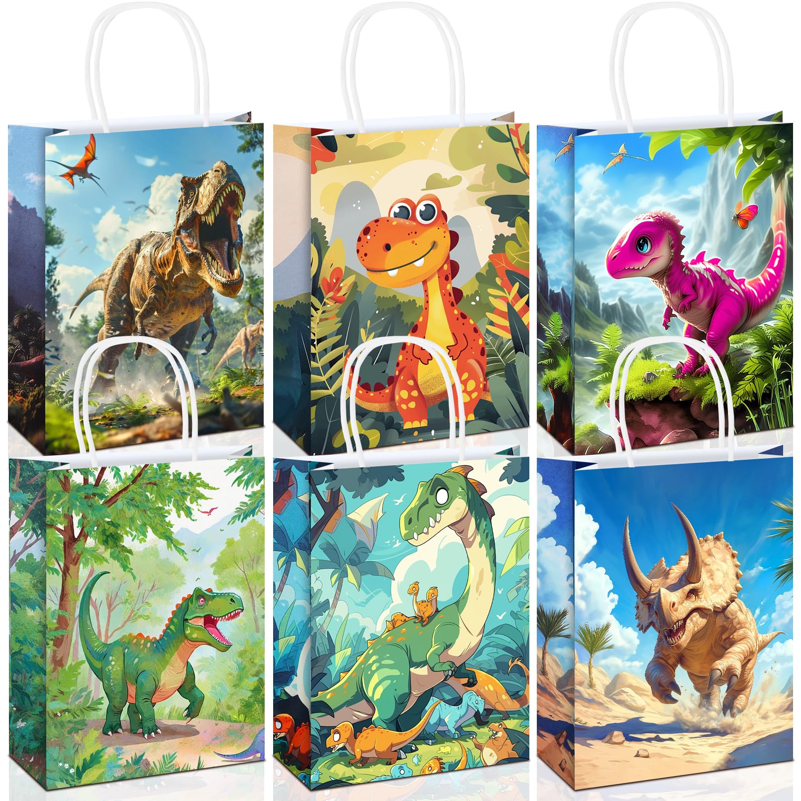 EXTRAPINS 24 sacchetti regalo con dinosauro, sacchetti regalo di compleanno, dinosauro, sacchetti regalo per bambini, Natale, Natale (15 x 8 x 21 cm, 6 diversi motivi)