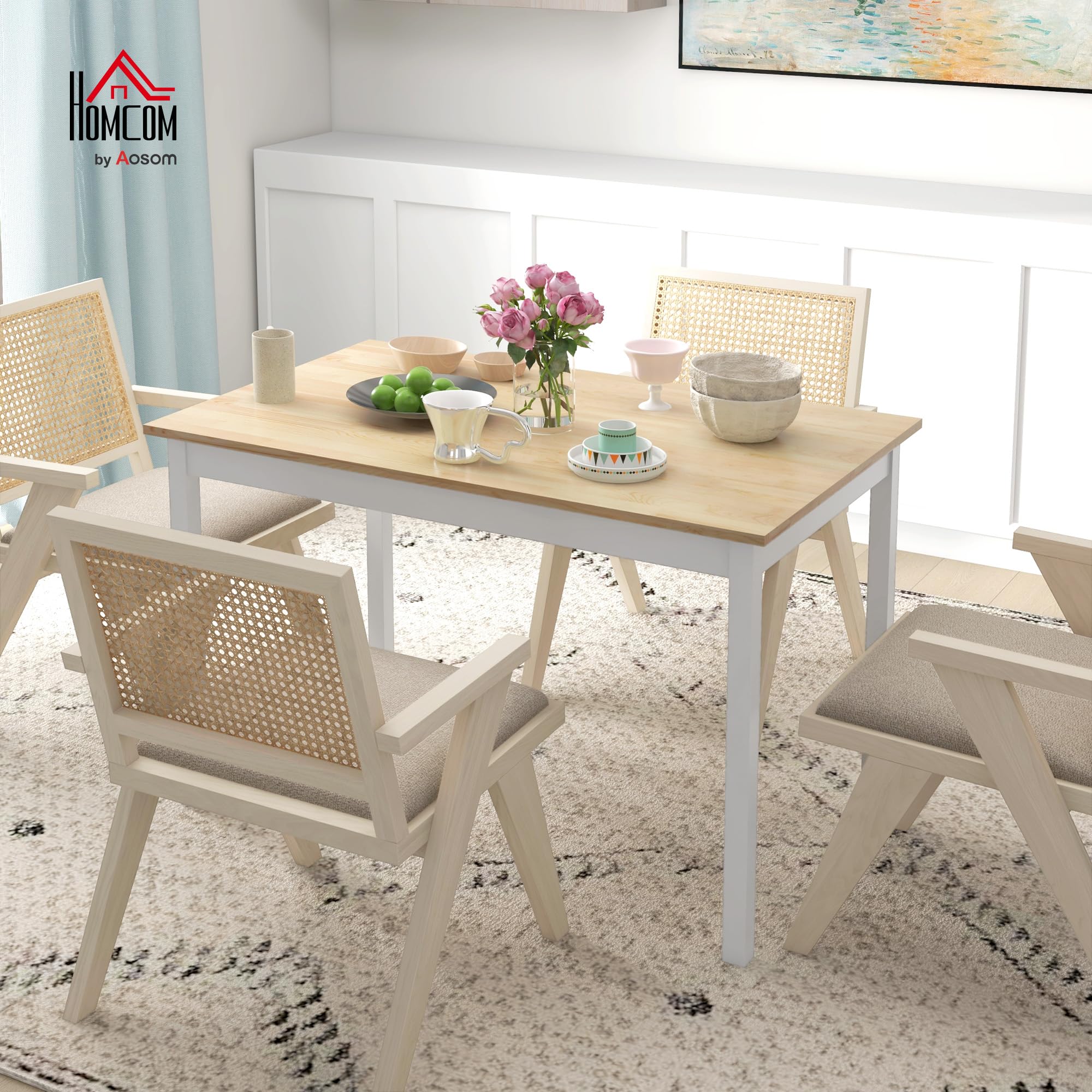 HOMCOM Tavolo da Pranzo per 4 Persone 120x75x75 cm Bianco e Colore Legno | Minimal, Tavolo in Legno di Pino, Piedini Antiscivolo