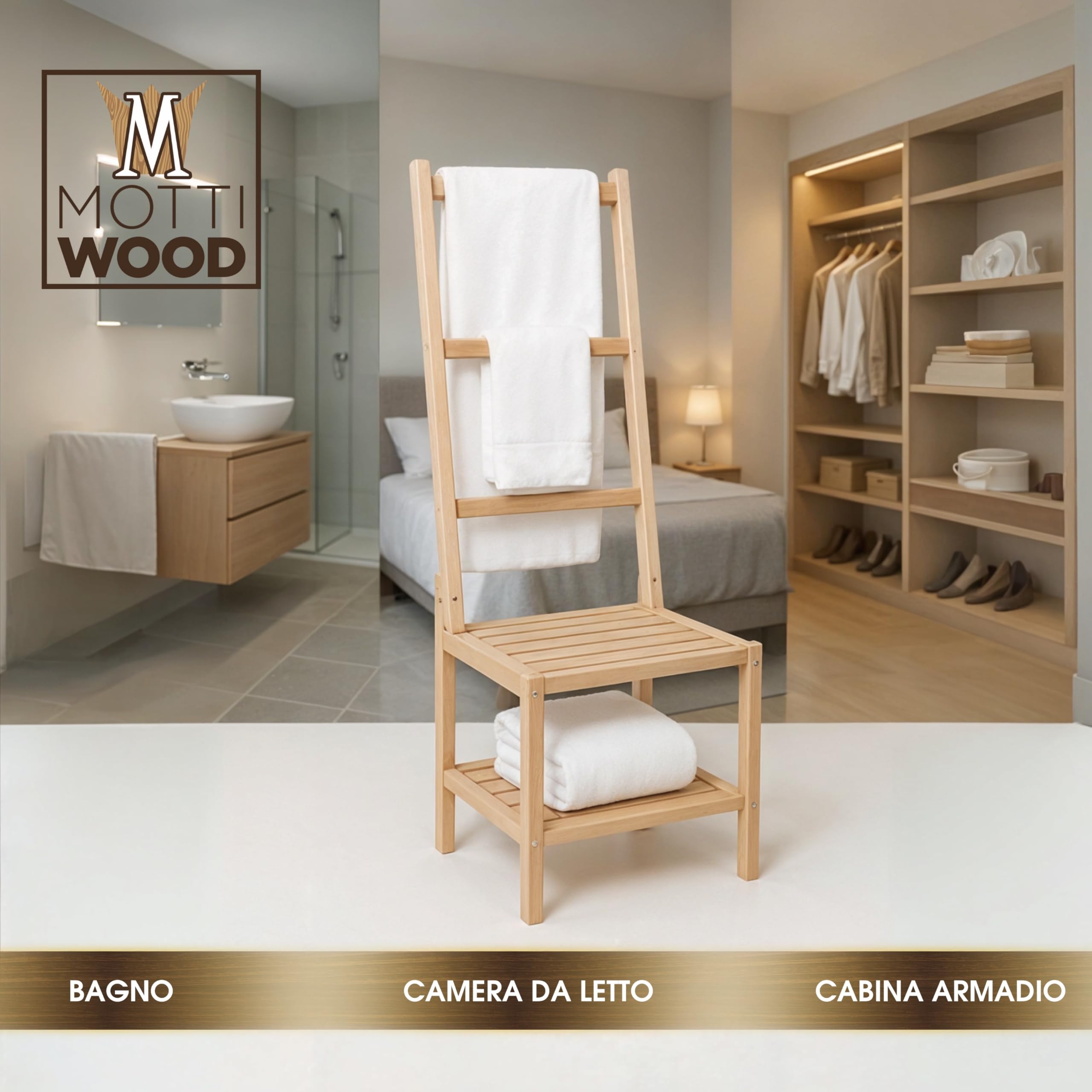 Chaise porte-serviettes en bois de hêtre, 40 x 40,5 x 133 cm, porte-serviettes de bain et chambre à coucher, petit homme serviteur, fabriqué en Italie
