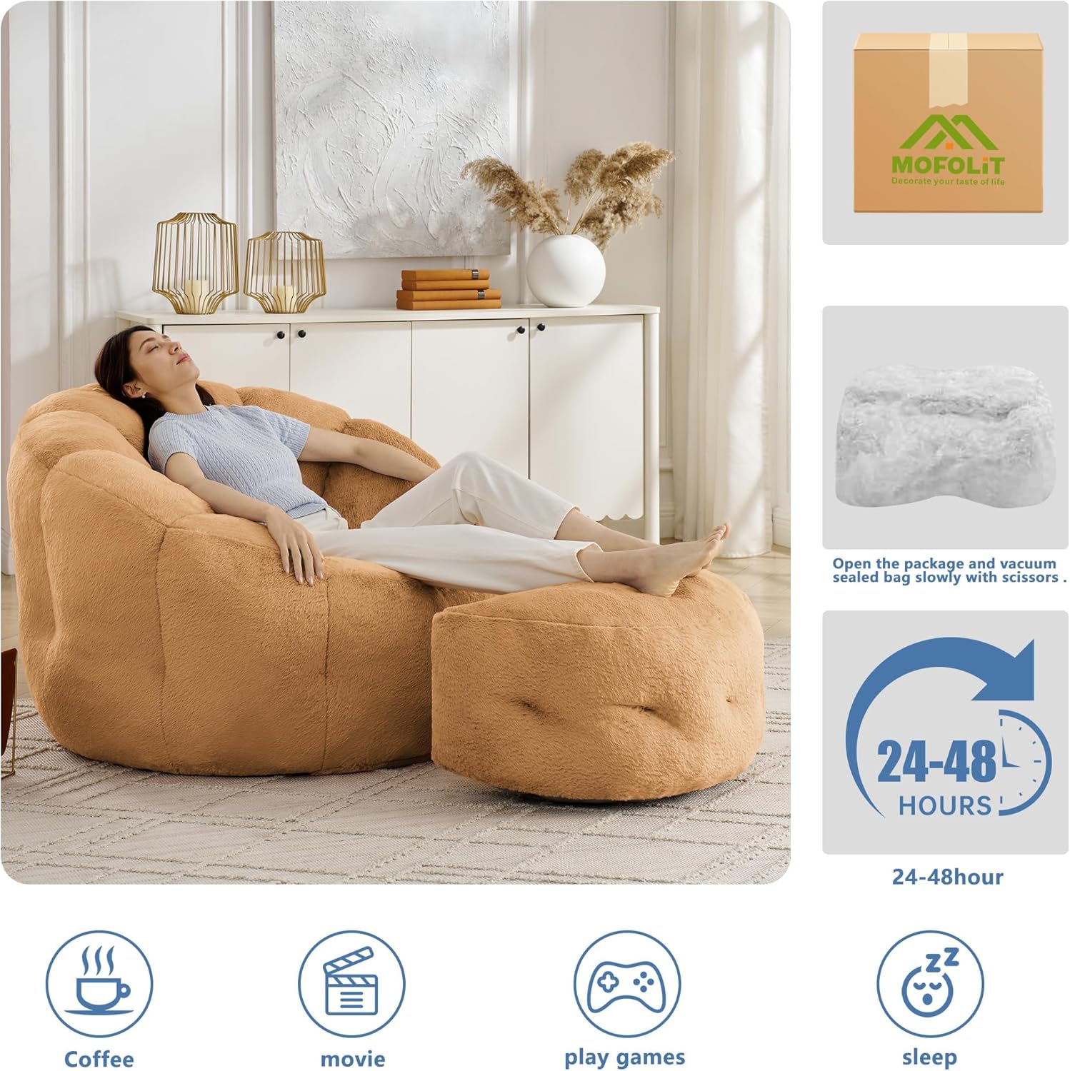 Mofolit Bean Bag Chair with Ottoman for Adults,Large Flower Beanbag Chair with Artificial Rabbit Fur Fabric,Comfy Single Sofa for Girls Living Room,Reading Room and Apartment. (Brown)
