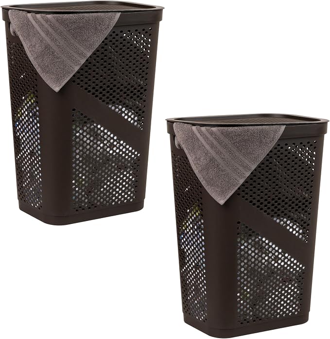 Mind Reader 60L Slim Laundry Hamper, Clothes Basket, Lid, Ventilated, Plastic, 17.25"L x 13.75"W x 23.5"H, Set of 2, Gray