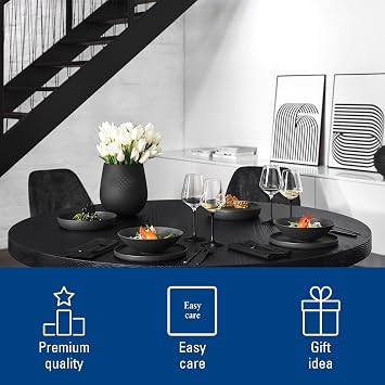 Villeroy & Boch Iconic Collection La Boule, 7-Piece Dinnerware Set for 2, Premium Porcelain, Made in Germany, Dishwasher and Microwave Safe, 9.5 x 9 in, Black