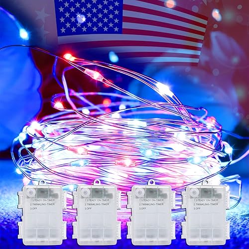 Miniatura 7 de Yayfazy Guirnalda de luces decorativas para el 4 de julio para exterioresinteriores, 2 unidades cada una de 100 luces LED de cobre rojoblancoazul,
