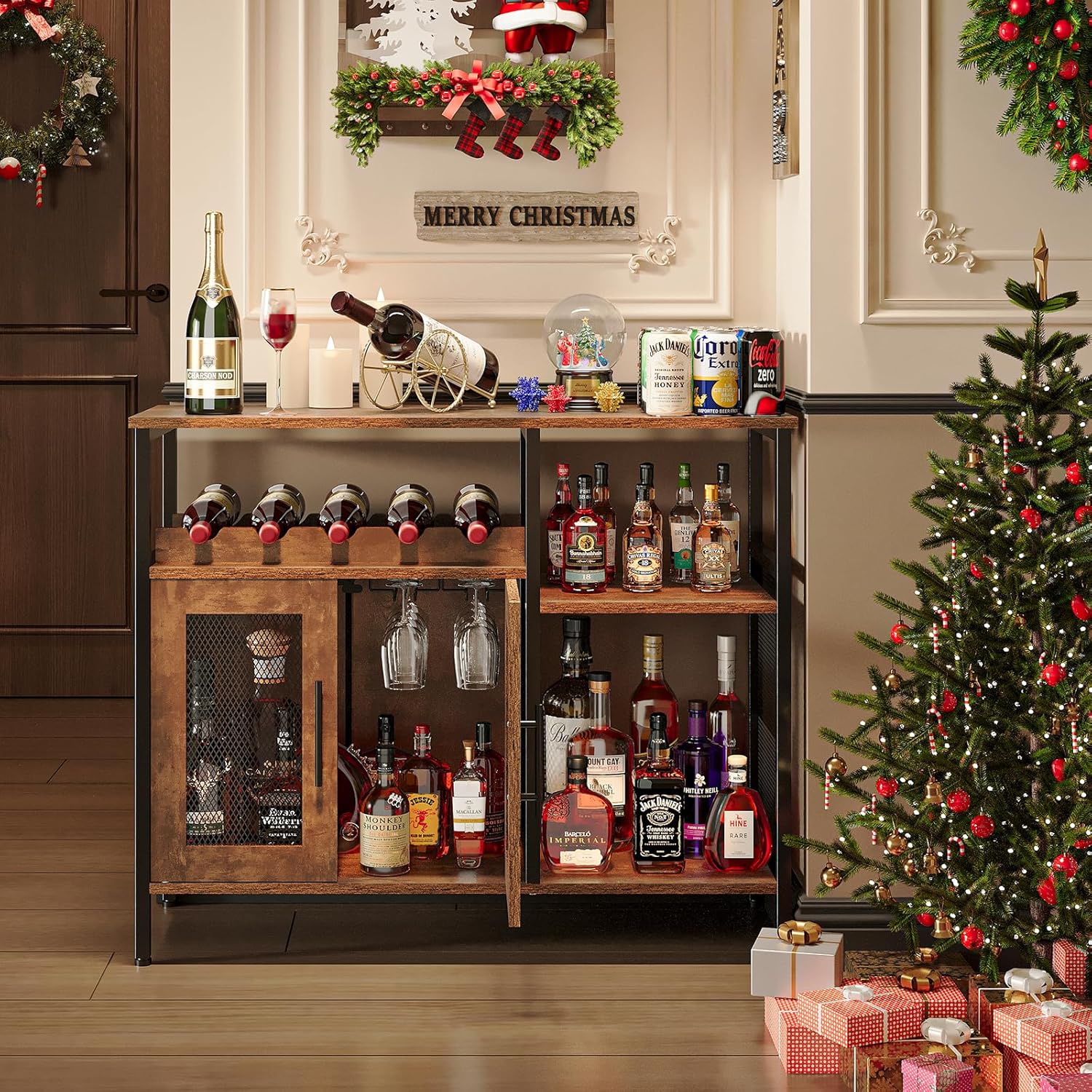 X-cosrack Wine Bar Rack Cabinet with Detachable Wine Rack, Coffee Bar Cabinet with Glass Holder, Small Sideboard and Buffet Cabinet with Mesh Door, Rustic Brown, Large