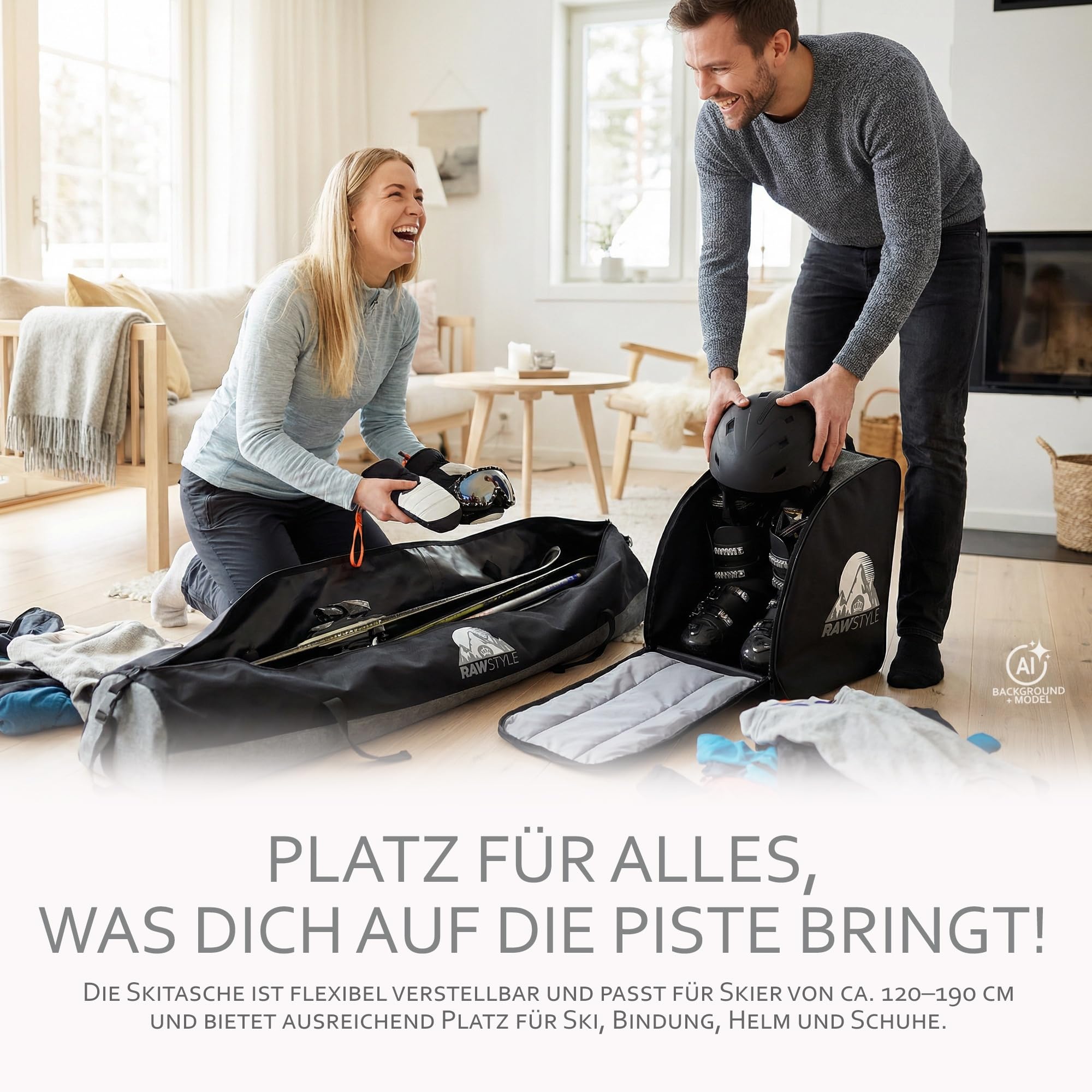 Zestaw toreb narciarskich – torba na narty Rolltop 120–190 cm i plecak na buty narciarskie – wodoszczelny Cordura – przechowywanie nart, butów narciarskich, kasku i rękawic – torba transportowa na