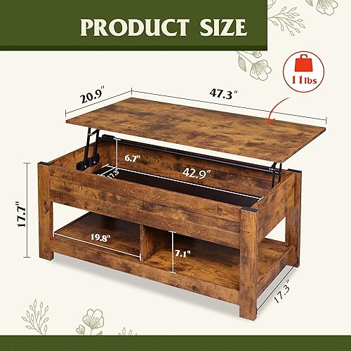 Miniatura 5 de WLIVE Mesa auxiliar, mesa de centro elevable de 47 pulgadas con compartimento oculto y 2 estantes de almacenamiento para sala de estar, marrón