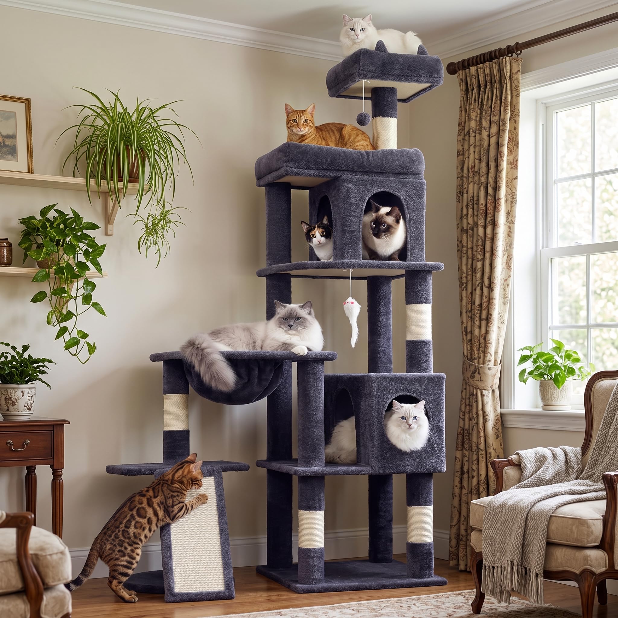 LIKISAK Kratzbaum, 173 cm hoch, Katzenbaum für große Katzen | XL Mehrstöckiger Katzenkratzbaum mit 2 Gemütliche Höhlen, 2 Plattformen, Korb, Kratzbrett, Sisal Kratzbaum, Plüschbälle