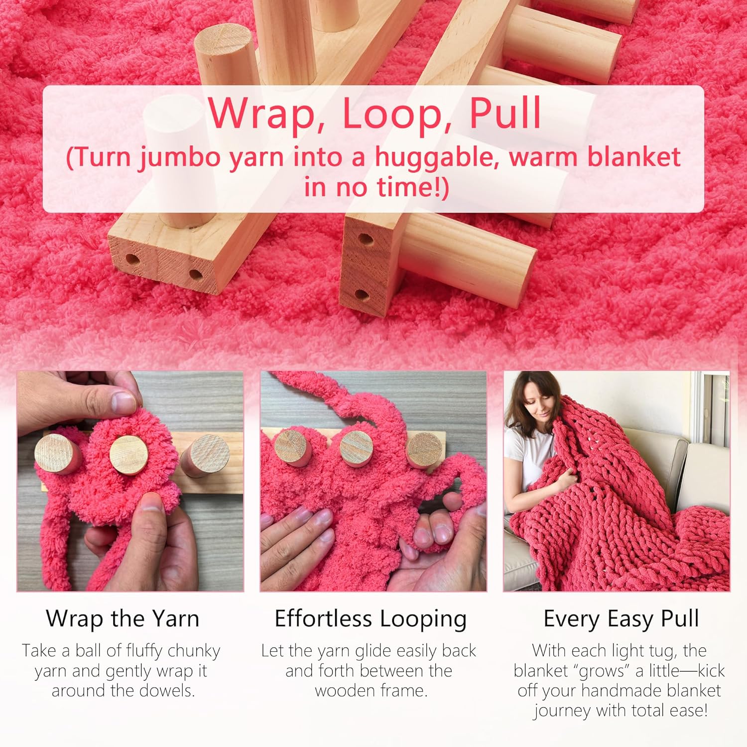 68" Chunky Blanket Loom Kit for DIY No-Needle Hand Knitting Adjustable Wooden Loom Frame Beginner Friendly Yarn Craft for Home Decor & Large Throw Blankets