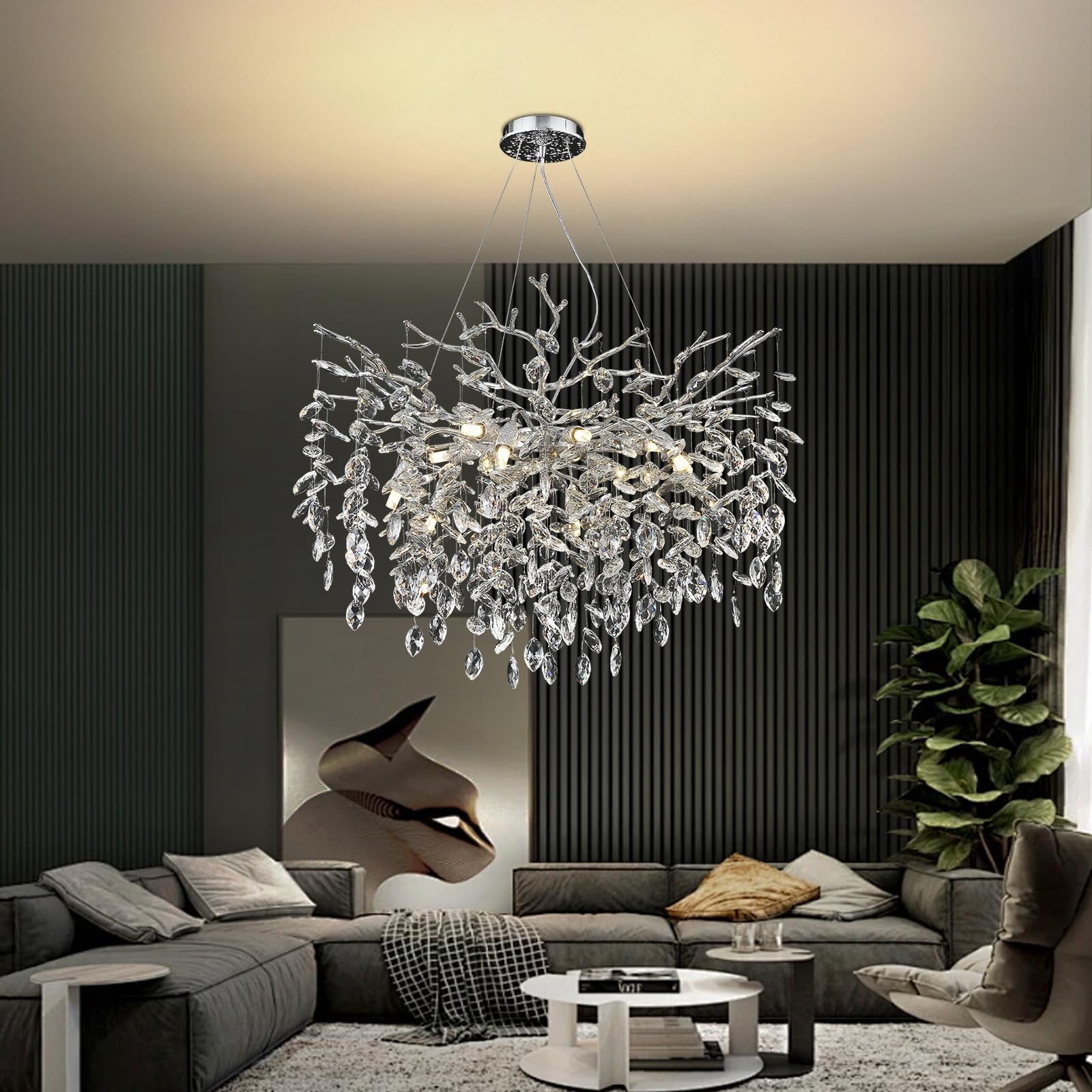 AHXIAOZN Luxury Tree Branch Kronleuchter, Modern Kronleuchter Kristall Leuchte, Große Luxus Kristall Pendelleuchte, Raindrop Leuchte, für Esszimmer, Wohnzimmer (Silber 80cm)