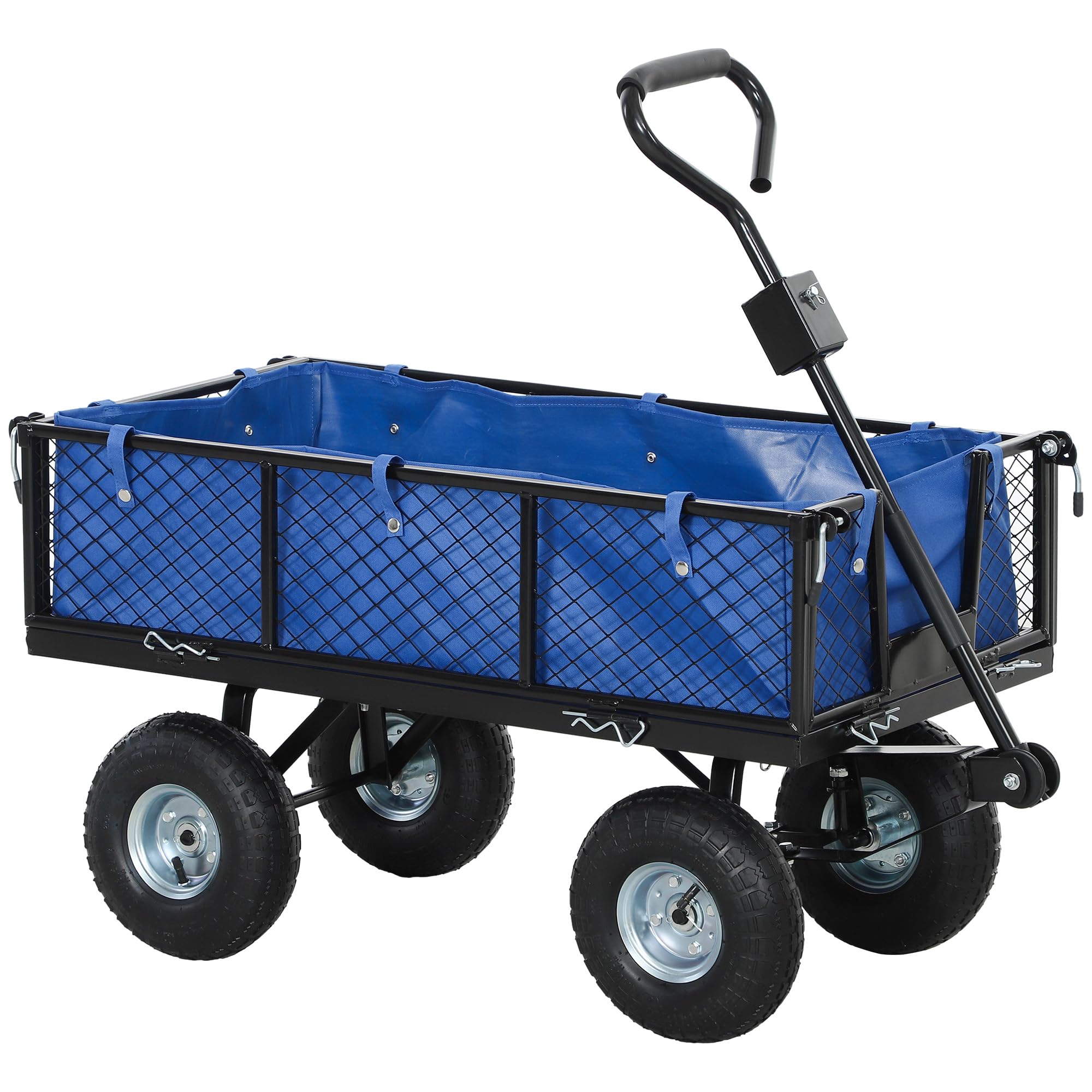Outsunny Blue Garden Trolley Cart, Heavy Duty Festival Trolley With Removable Liner, Quick-Release Sides, 10" Pneumatic Wheels, 180° Rotating Handle, 300Kg Capacity,
