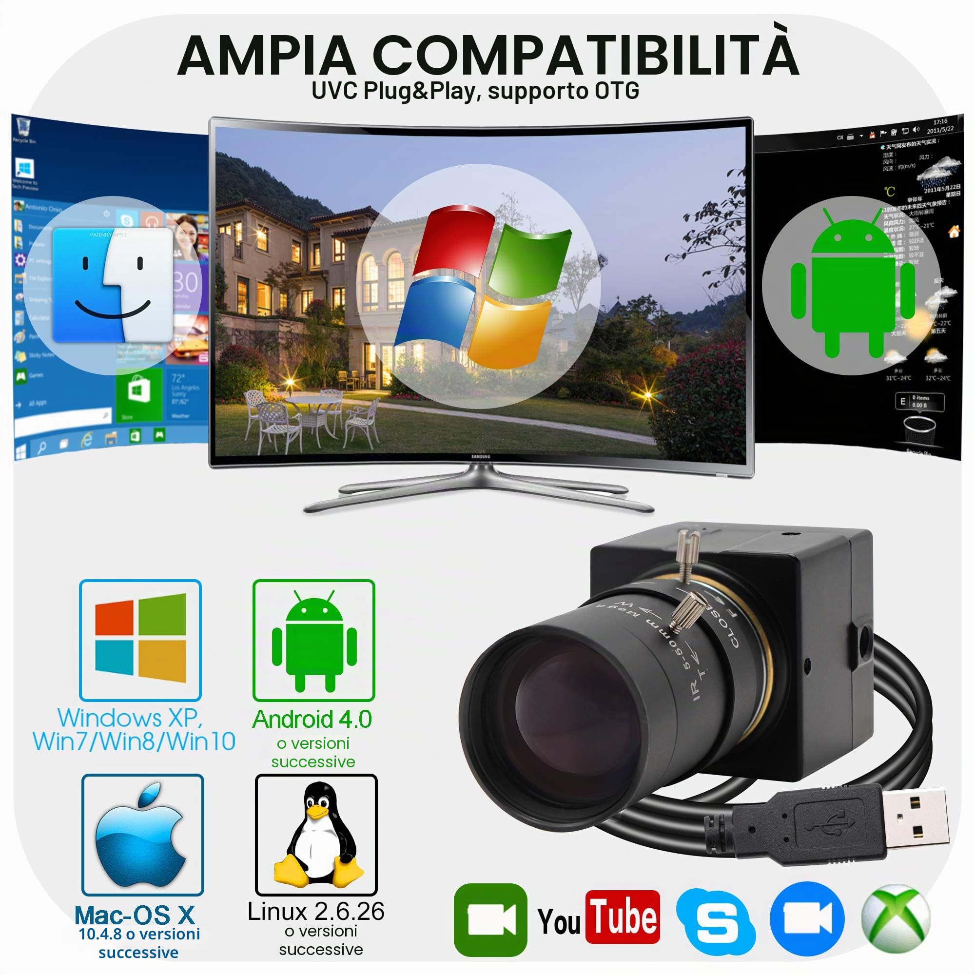 Svpro 4K HD Webcam con obiettivo varifocal 5-50mm, fotocamera USB con zoom ottico 10X con sensore Sony IMX415, fotocamera ad alta definizione 3840x2160@30fps per Windows Linux Andorid MAC OS