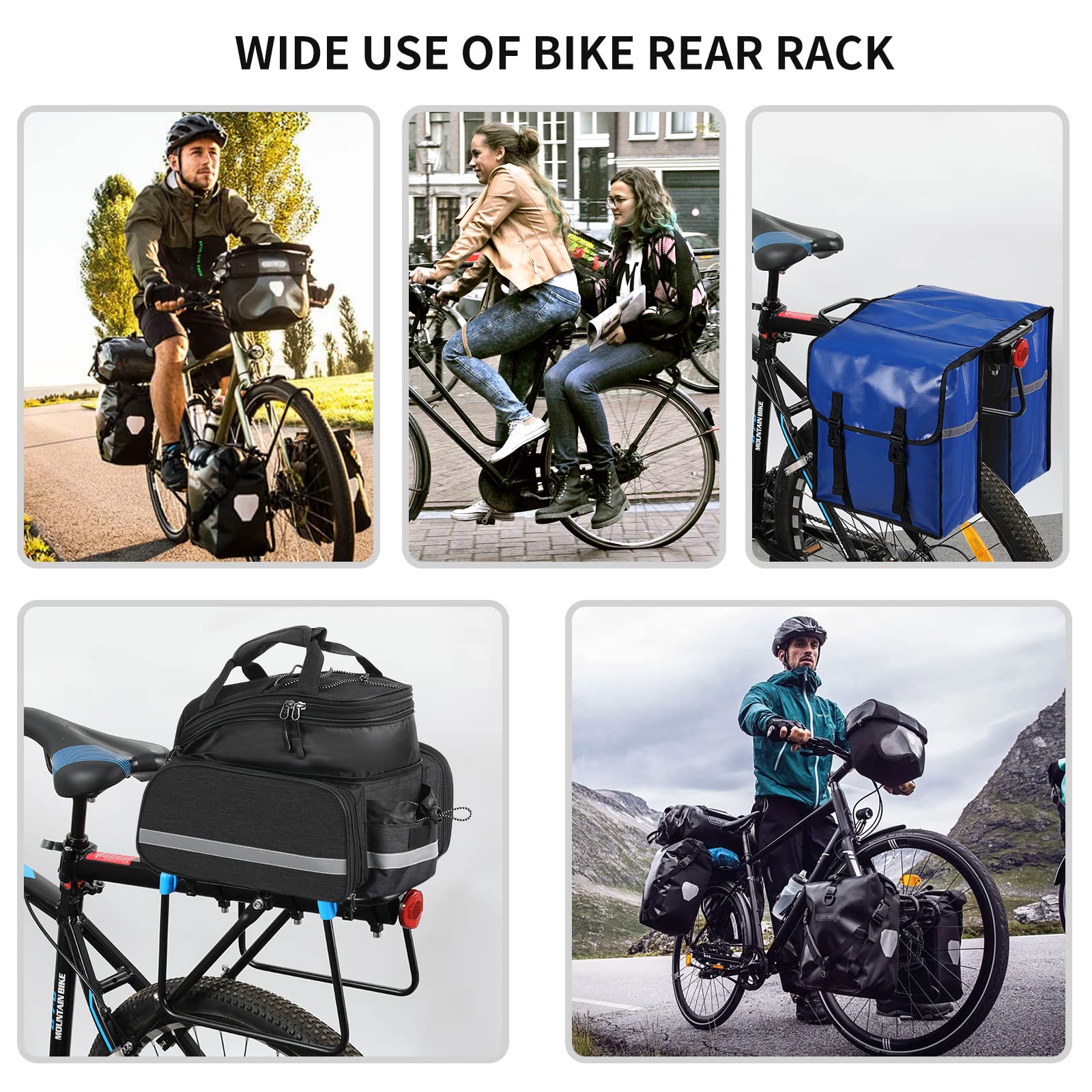 Mimoke Porte-bagages de vélo réglable en alliage d'aluminium avec réflecteur pour VTT de 24 à 29 pouces, fermeture rapide et montage, charge maximale 50 kg