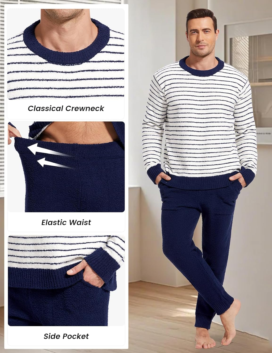 Yimoon Mens Fleece Pajama Set Striped Warm Fluffy Pjs Set Winter Long Sleeve Soft Fuzzy Sleepwear