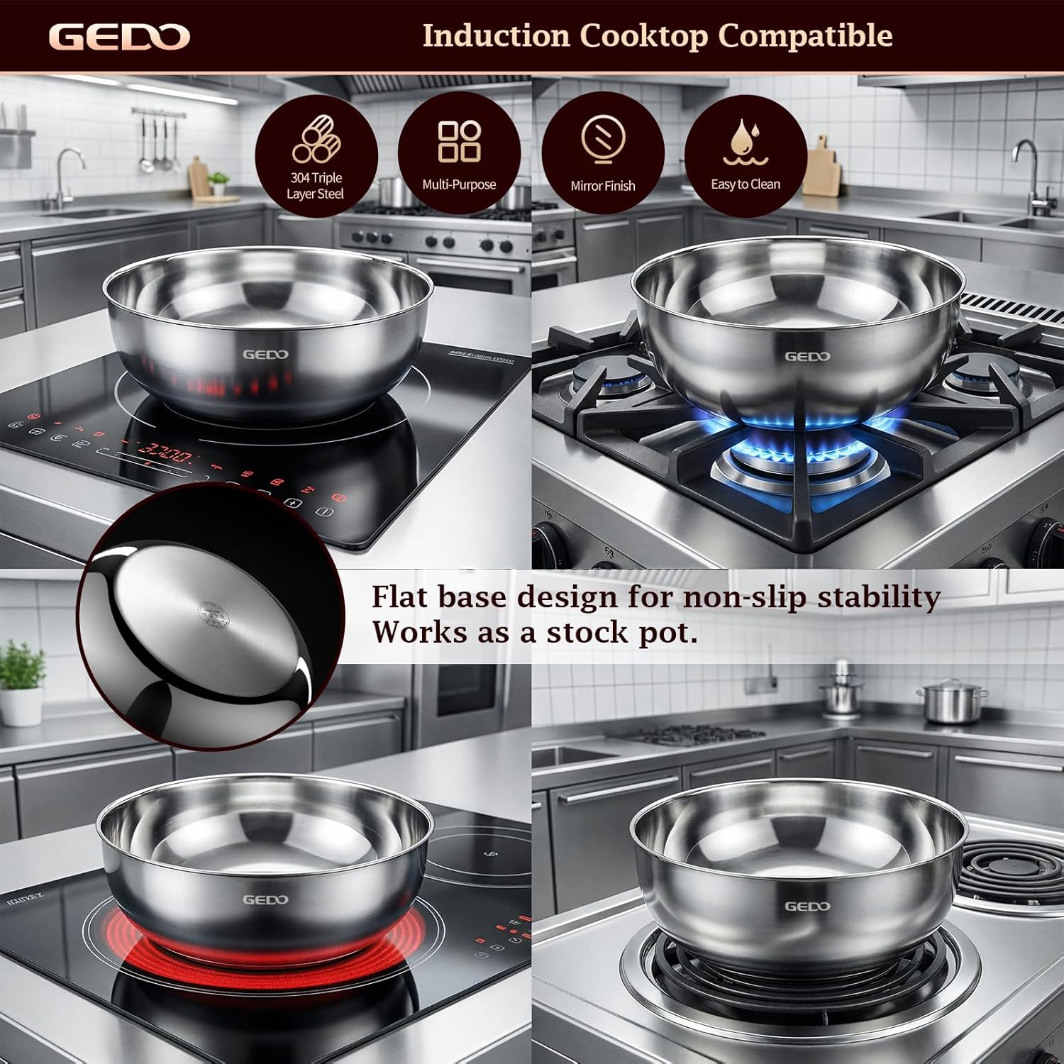 GEDO Triple-Layer 304 Stainless Steel Mixing Bowl, All Stovetop Compatible Deep Large Capacity Bowl with Non-Stick Mirror Polished Interior for Kneading Dough, Baking, Cooking (11.8in / 30cm)