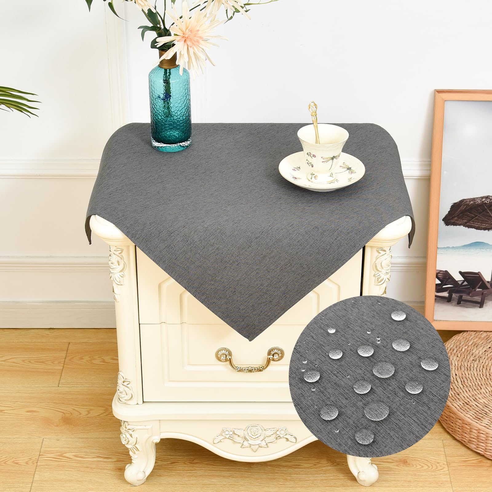 NEWISHER Farmhouse Water Resistant Small Square Tablecloth 60x60 cm (23x23 inch), Faux Linen Table Cloth Wipe Clean, Washable End Table Cover for Kitchen Dining, Party, Banquet (Dark Grey)