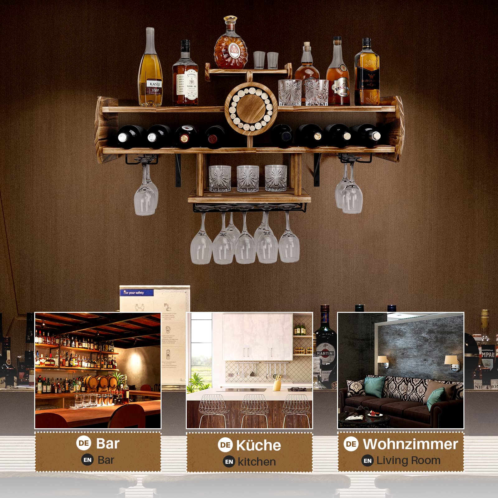 YORBAY Botellero Vino de Madera, Estante de Vino en la Pared, Almacenar Botellas, Estante de exhibición de Vidrio de Vino y Botella de Vino Montado, Ideal para Botellas de Vino, champán, estantería