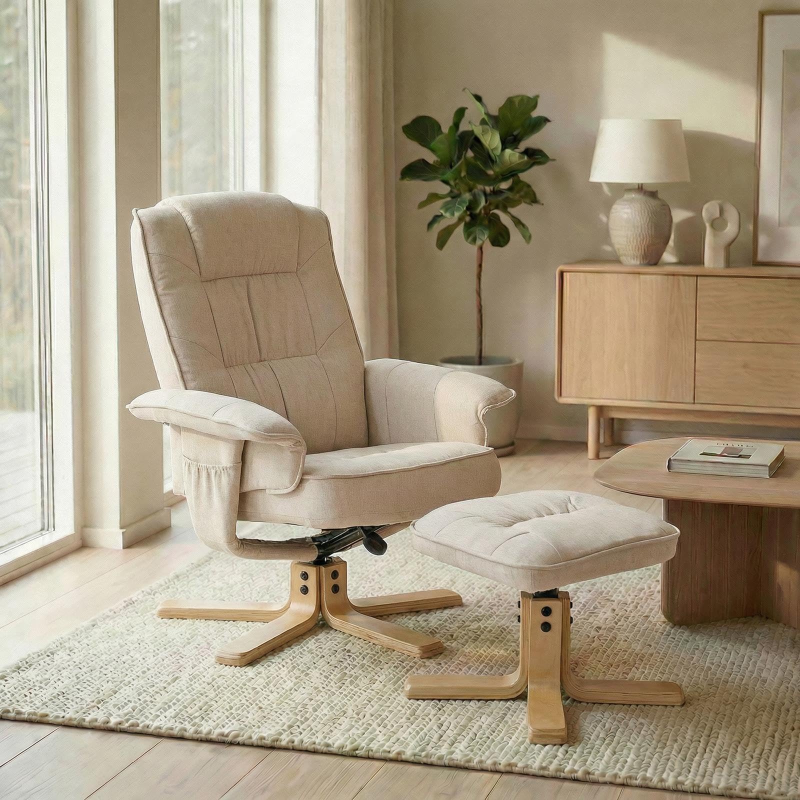 IDIMEX Relaxsessel Charly mit Hocker drehbar neigungsverstellbar beige [Max. Belastbarkeit 100 kg] für Wohnzimmer, TV-Sessel Fernsehsessel mit Liegefunktion Polstersessel und Hocker