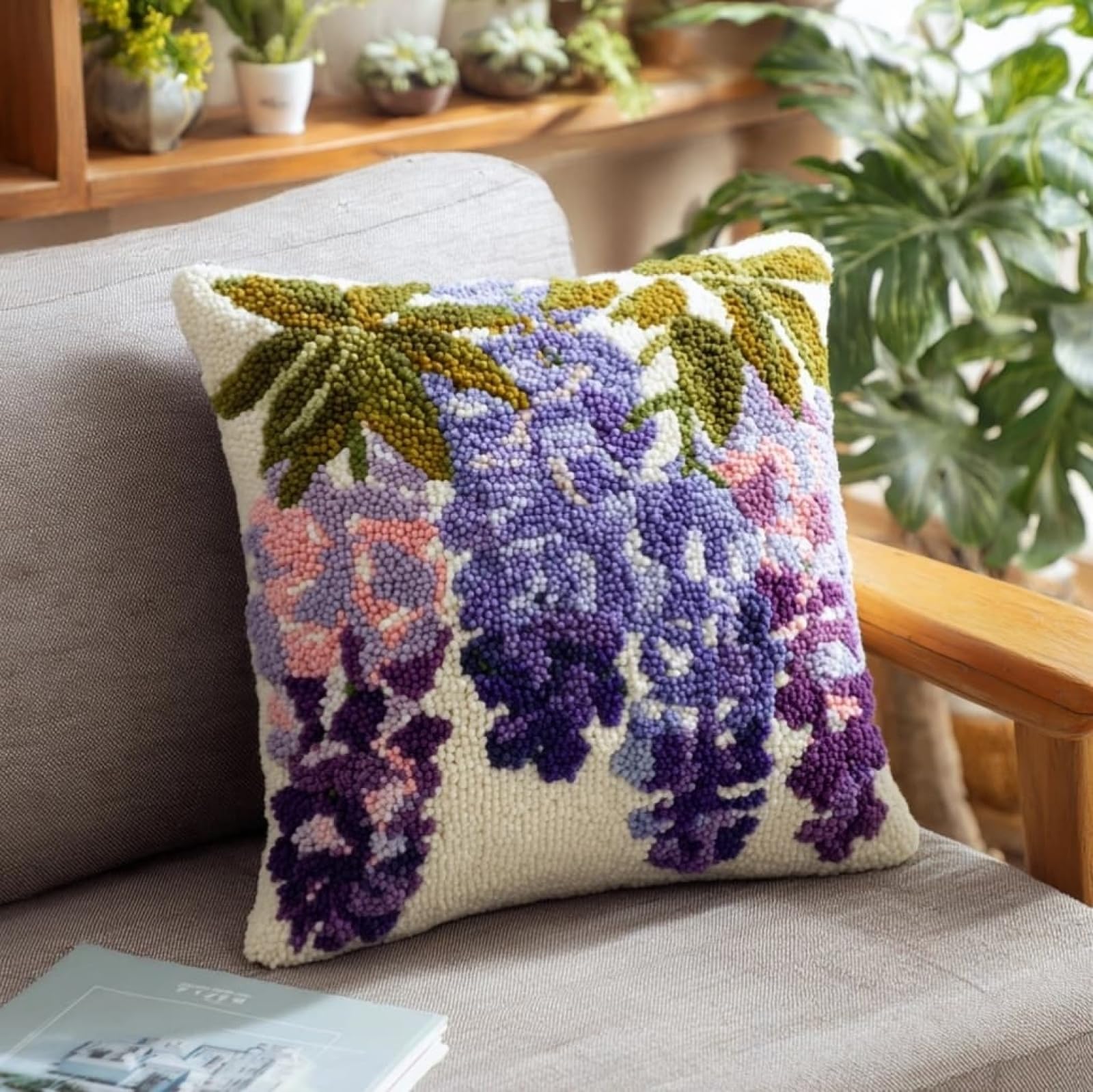 AxiangziK Latch Hook Needlecraft Pillow Kit,Wisteria 43x43cm DIY Cushion Making Kit for Adults Beginners,Pre-Cut Yarn Cushion Kit with Full Accessories for Home Sofa Gift