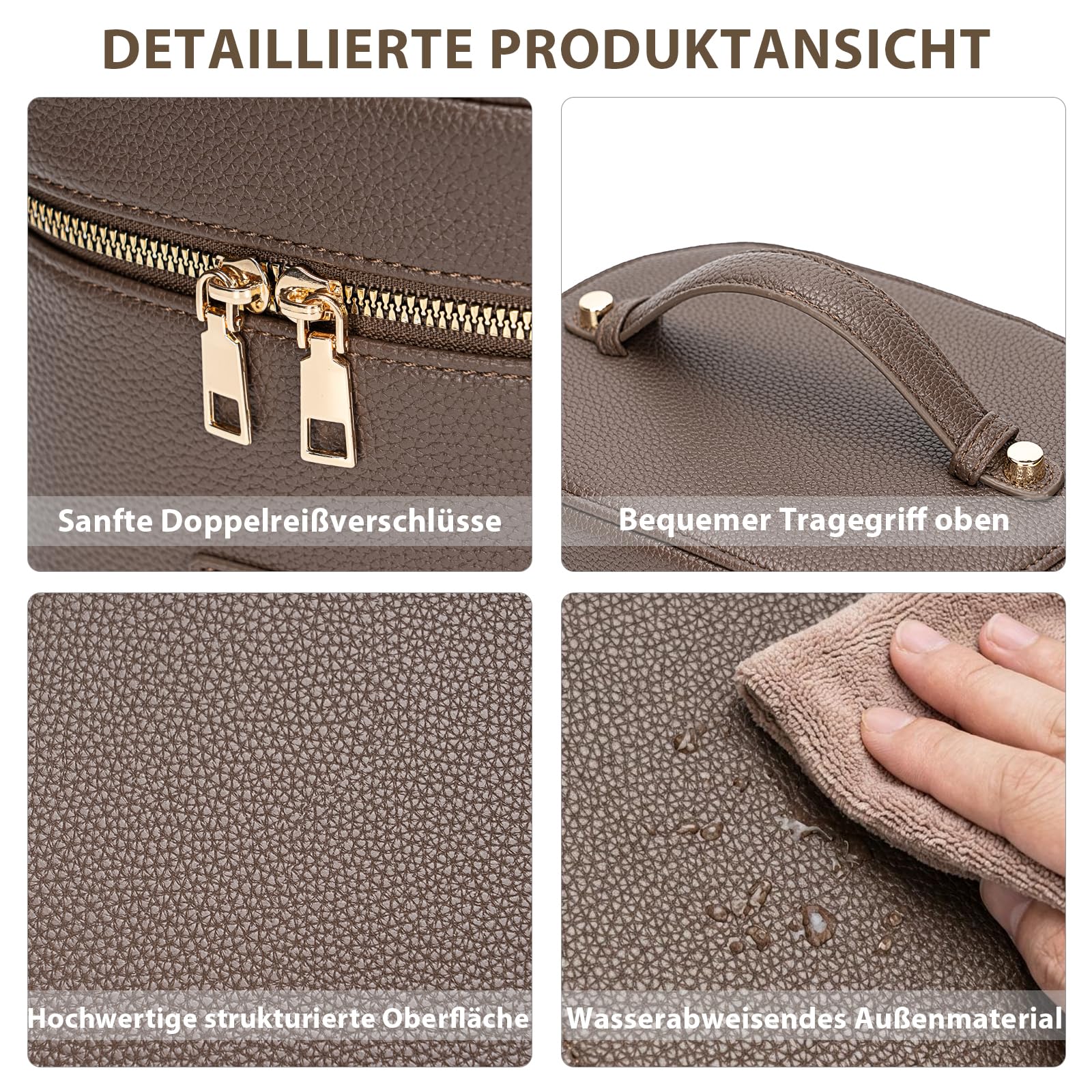 Kosmetiktasche Damen, Make Up Tasche für Frauen – Leder Vanity Case mit herausnehmbarer Trennwand, Waschbare Fächer