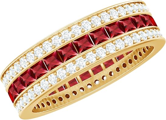 Certified Lab Grown Ruby Princess Cut Wedding Band, AAAA Quality, Ruby Channel Set Eternity Ring - Fine Jewelry For Women